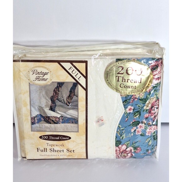 Vintage 1990's Full Size Sheet Set with Pillowcases Tapework Cotton Floral Trim - Picture 1 of 6